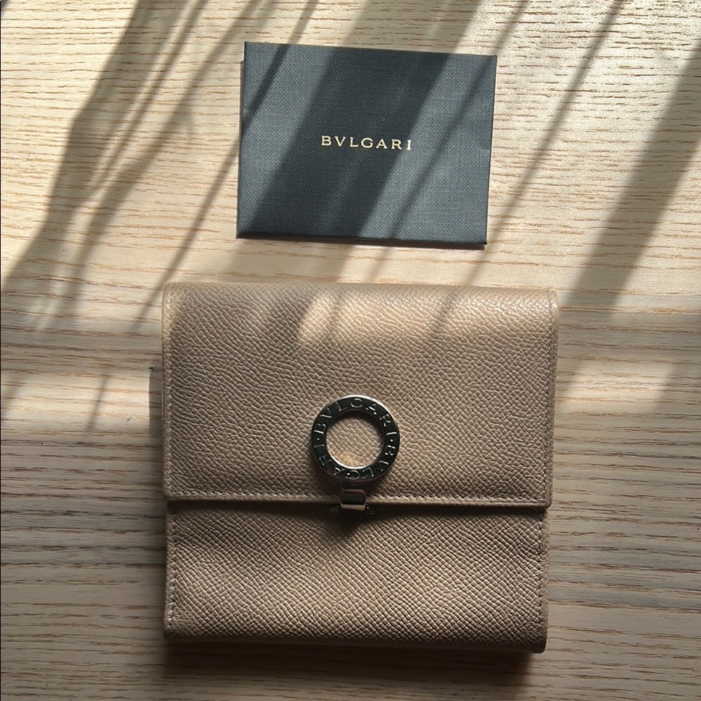 Bulgari Tan Leather Wallet with Circular Metal Accent